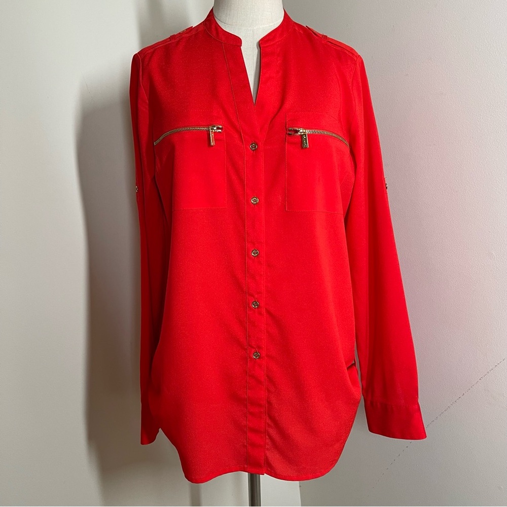 Calvin Klein Women’s Deep Orange Coral -SZ S- Long Roll Tab Blouse Military